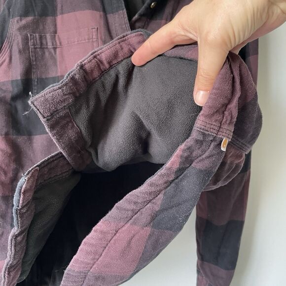 Carhartt Fleece Lined Flannel Button Up Black Maroon Long Sleeve Women's Large - Picture 9 of 11